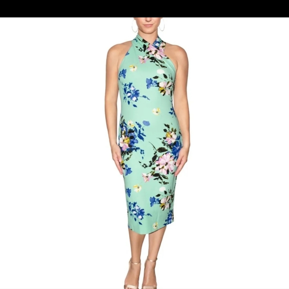 NWT Rachel Roy cocktail halter midi bodycon dress, size M, light blue floral